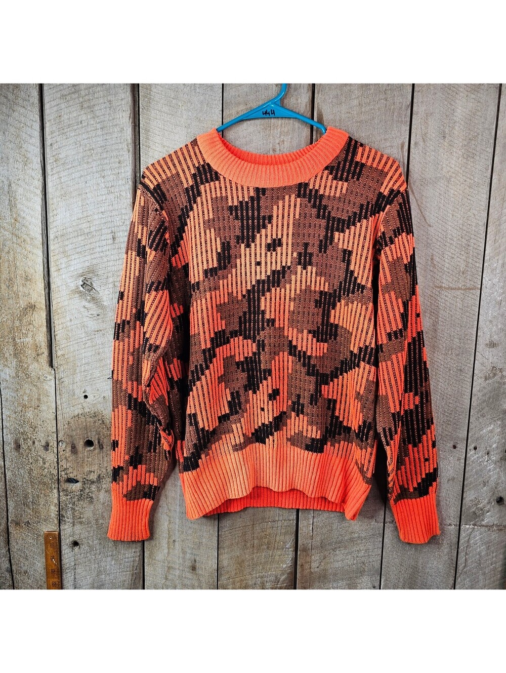 Vintage Duck Bay Mens Small Orange Brown Black Geometric Pattern Acrylic Sweater